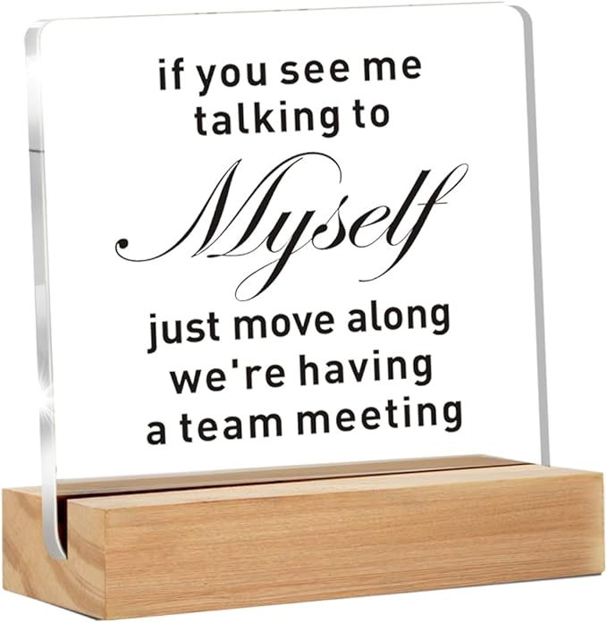 Funny Office Decor for Women Men, Funny Desk Decor Sign, If You See Me Talking to Myself We're Having a Team Meeting Clear Decorative Acrylic Sign With Wooden Stand for Desk Table Shelf