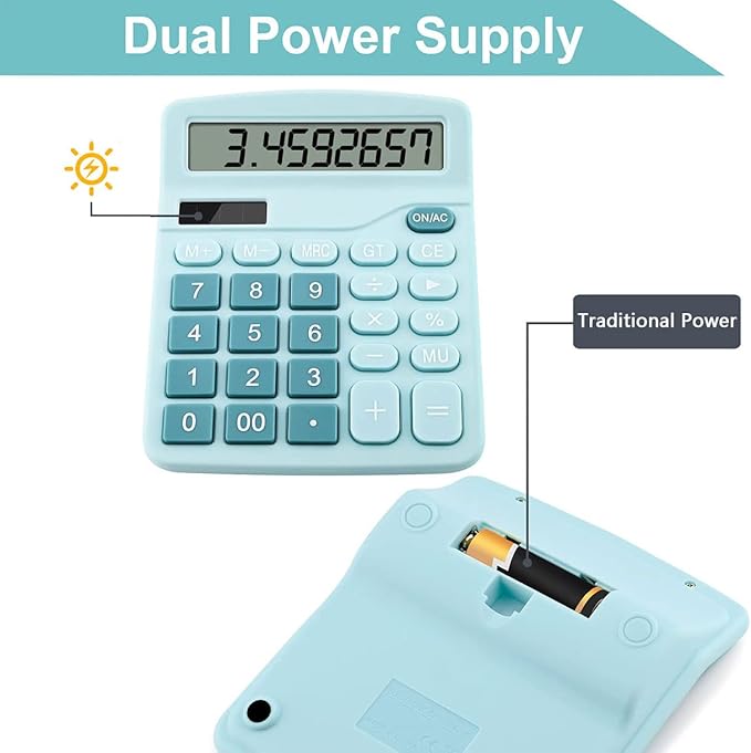 Office Calculators Desktop, 12-Digit Dual Power Cute Calculator with Large LCD Display Big Button for Office Home and School (Blue)