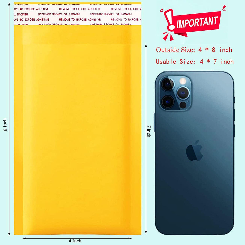 packbabol Kraft Bubble Mailers 4x8 Inch 100 Pcs,Small Self-Sealing Mail Shipping Bags,Yellow Padded Envelopes #000