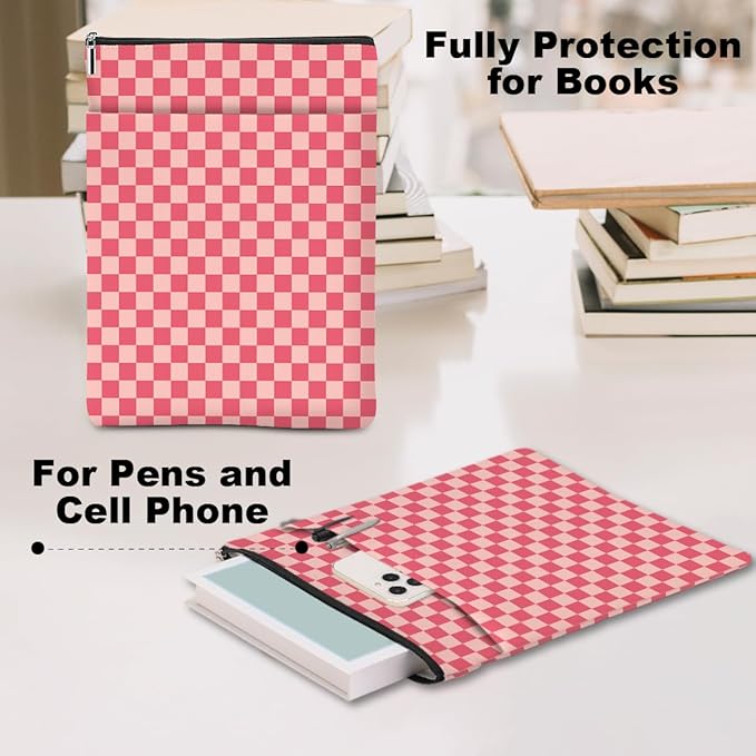 Pink Checkered Pattern Book Lovers Gifts Waterproof Book Sleeve Book Pouch Book Protector with Zipper & Front Pocket BookCover Case for Women Girl Readers Librarian Book Accessories Book Club Gifts