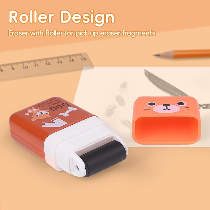 6 Pack of Pencil Erasers, Kids Eraser with Roller and Cover, Fun and Cute Animal Themed Eraser, Great Gift for Kid of Cute School Supplies
