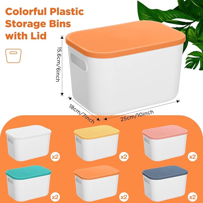 Thyle 12 Pack Plastic Storage Bins with Lids and Handles Colorful Stackable Desktop Storage Box Bins with Marker Label for Office Classroom Cabinet Shelf Drawer Kitchen, 10x7x6 Inch(White, Ivory)