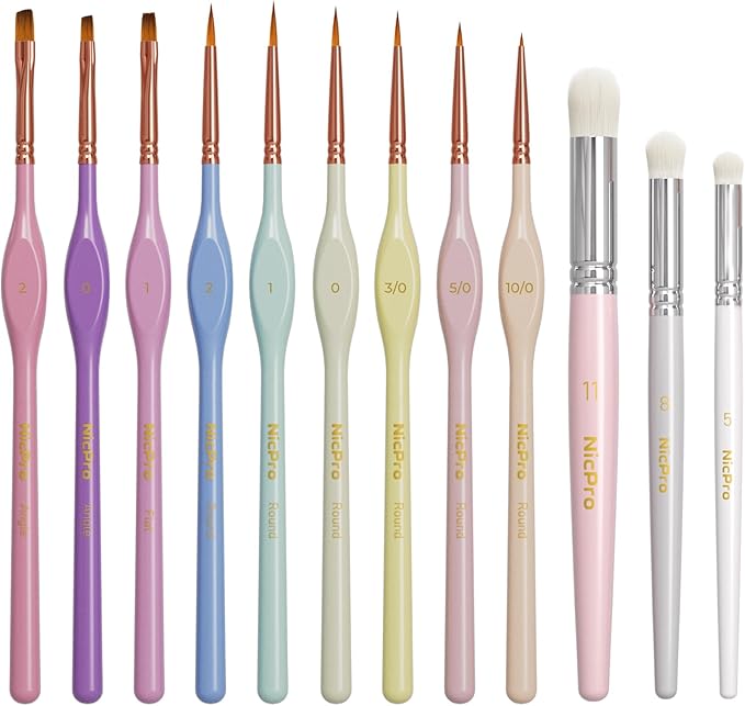 Nicpro 12PCS Fine Detail Paint Brush Drybrush Set, Aesthetic Pastel Fine Tip Miniature Paint Brushes for Acrylic Oil Watercolor, Crafts, 40K Models, Miniatures, Rock Painting, Paint by Numbers