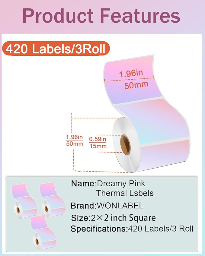 2inch Square Thermal Labels Self-Adhesive, 420 Labels/3 Roll Printer Labels for Business and Home, Thermal Sticker for/Shipping/Packaging/DIY Logo Design/Thanks Card/Inventory