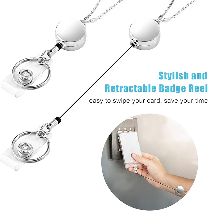 Retractable Badge Reel Lanyard with 2 Pieces ID Holder for Women, Vzrflee Fashion Beaded Chain Premium Stainless Steel Lanyard Necklace Water Resistant Name Badge Holder