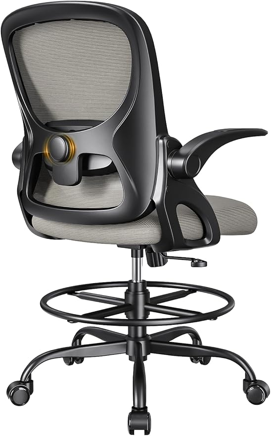 Drafting Chair Tall Office Chair with Flip-up Armrests Ergonomic Computer Standing Desk Chair with Comfy Lumbar Support and Adjustable Footrest Ring for Bar Height Desk(Black-Gray)