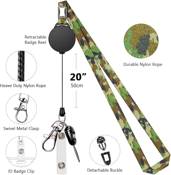 6 Pack Retractable Badge Lanyards and ID Badge Holder, Strap Lanyard with Swivel Metal Clasp for Badge Holders, Keychains, Offices, Staff, Students, Employees, Camouflage
