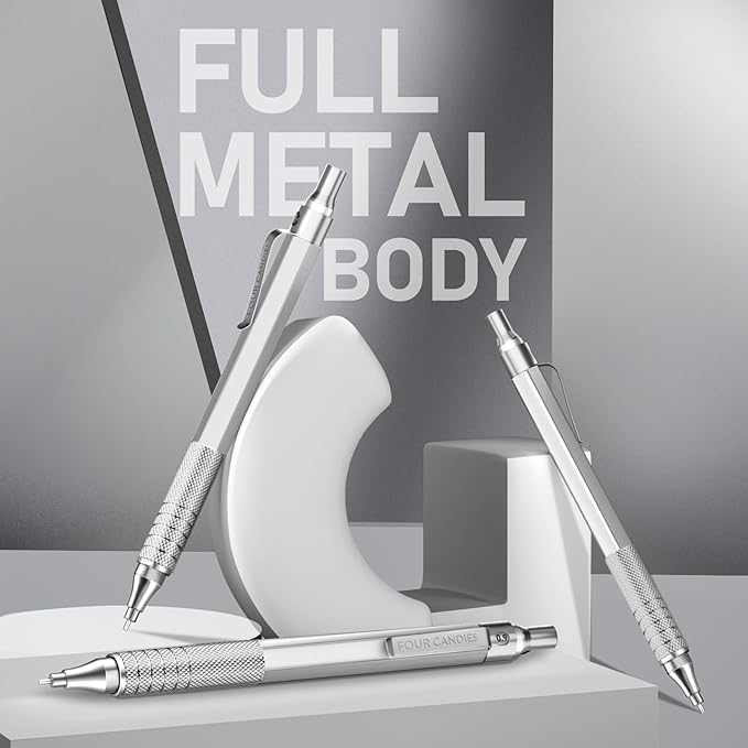 Four Candies 0.9mm Mechanical Pencil Set with Case, 3PCS Metal Artist Lead Pencil with 8 Tubes (480PCS) HB Lead Refills, 3 Erasers, 9 Eraser Refills For Engineer Art Writing Drafting, Silver