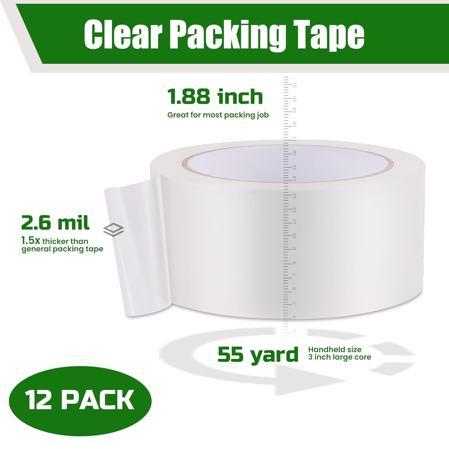 Lichamp Clear Packing Tape, 12 Rolls Heavy Duty Packaging Tape Refill for Moving Boxes, Mail Shipping Supplies, 1.88 inch x 55 Yard x 2.6 mil, A212TP