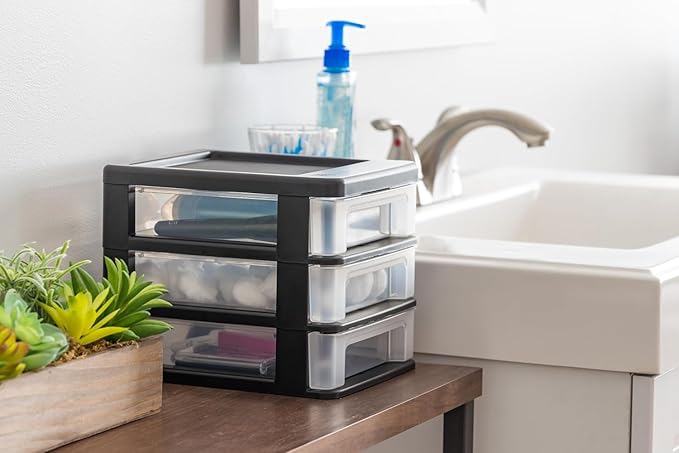 IRIS USA Plastic Stacking Desk Top 3-Drawer Storage Organizer, 2-Pack, for Makeup Vanity Nail Polish Bathroom Stationery Art Craft Supplies Kitchen Office Garage and Small Organization, Small, Black