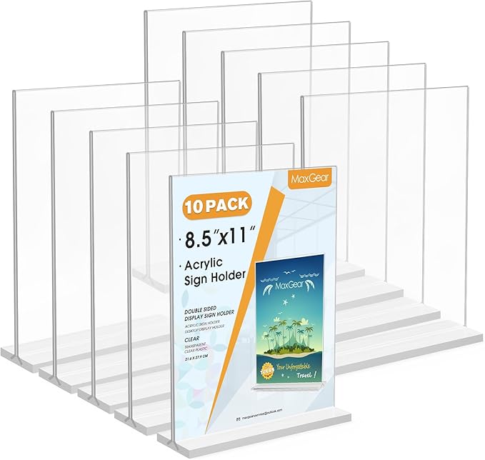 MaxGear Acrylic Sign Holder 8.5 X 11, 10 Pack Double Sided Clear Display Stands, Plastic Paper Holder Menu Holder, Vertical Table Stand Flyer Holder Acrylic Sign for Stores, Restaurants, Office