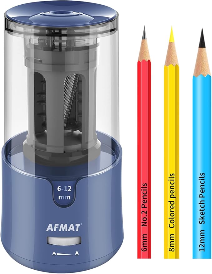 AFMAT Pencil Sharpener, Electric Pencil Sharpener for Colored Pencils, Auto Stop, Fast Sharpen in 3s, Large Hole Pencil Sharpener Plug in for 6-12mm No.2/Jumbo Pencils-Blue