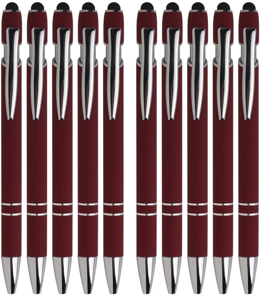 Wine Red Ballpoint Pens with Black Ink, 2-in-1 Stylus Tip, 1.0mm Medium Point, Matte Metal Barrel – 10-Pack for Office or School