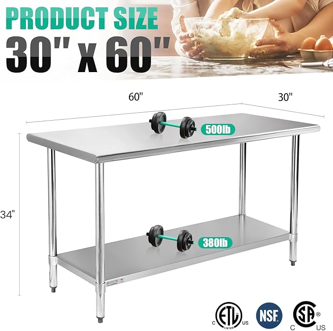 STABLEINK NSF Stainless Steel Table, 30 x 60 Inches Metal Prep & Work Table with Adjustable Undershelf, for Commercial Kitchen, Restaurant, Hotel and Garage