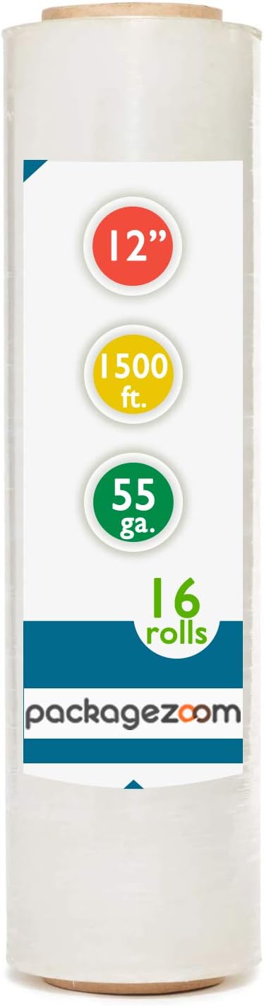 PackageZoom 16 Rolls 12" Stretch Wrap x 1500 Feet Stretch Wrap 55 Gauge Stretch Wrap Moving Supplies Stretch Wrap