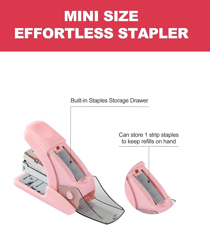 PAPERPAL Effortless Mini Stapler Set, 20 Sheet Capacity, Integrated Remover & Staple Storage, Holds 1/4" Staples, Includes 1000 Staples, Lightweight, Office, School & Daily Use, Pink