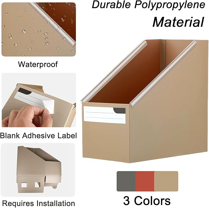 SAYEEC Plastic Magazine File Holder, 3 Pack Foldable Folder Holder with Labels, Vertical File Paper Organizer Magazine Storage Box Rack Book Bins for Desk (3 Colors (Coffee, Khaki, Orange))