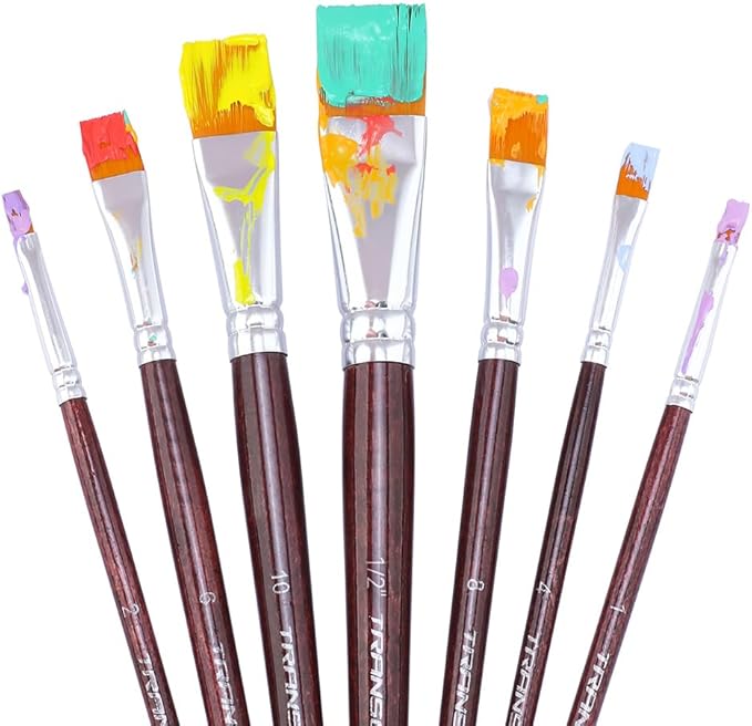 Transon Flat Paint Brush Set 7pcs for Acrylic Watercolor Gouache Oil and Body Painting