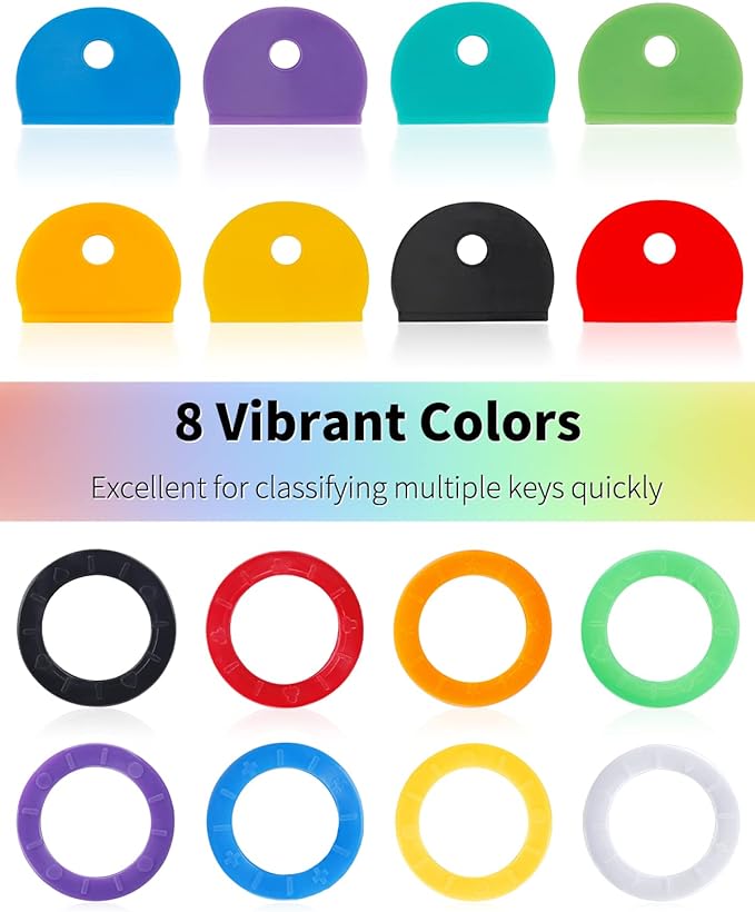 Vibit 48 Pack Key Cap Tags Set in 8 Assorted Colors Plastic Key Identifier Coding Label Covers for Standard Flat House Keys, 2 Styles