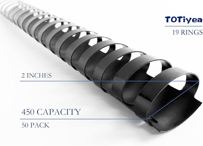 TOTiyea 50 Pack 19 Ring Plastic Binding Combs, 2 Inch Diameter, 450 Sheet Capacity, Letter Size, Black Comb Binding Spines