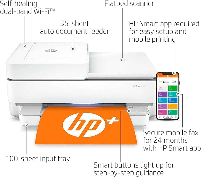 HP Envy 6458e All-in-One Wireless Color Inkjet Printer, Print Copy Scan - 10 ppm, 4800 x 1200 dpi, Auto 2-Sided Printing, 35-Sheet ADF, Dual-Band WiFi, Instant Ink Ready, White (Renewed)