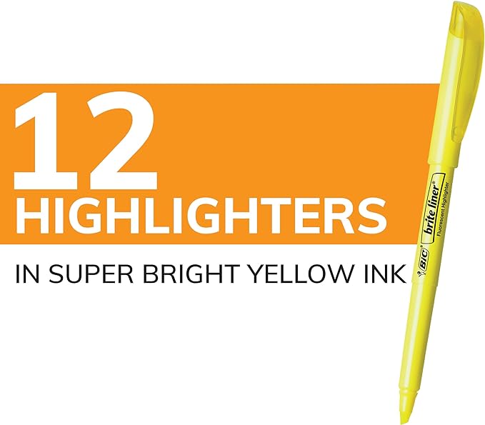 BIC Brite Liner Yellow Highlighters, Chisel Tip, 12-Count Pack of Yellow Highlighters, Ideal Highlighter Set for Organizing and Coloring