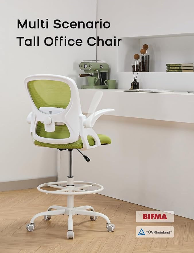 Drafting Chair Tall Office Chair with Flip-up Armrests Ergonomic Computer Standing Desk Chair with Comfy Lumbar Support and Adjustable Footrest Ring for Bar Height Desk(White-Green)