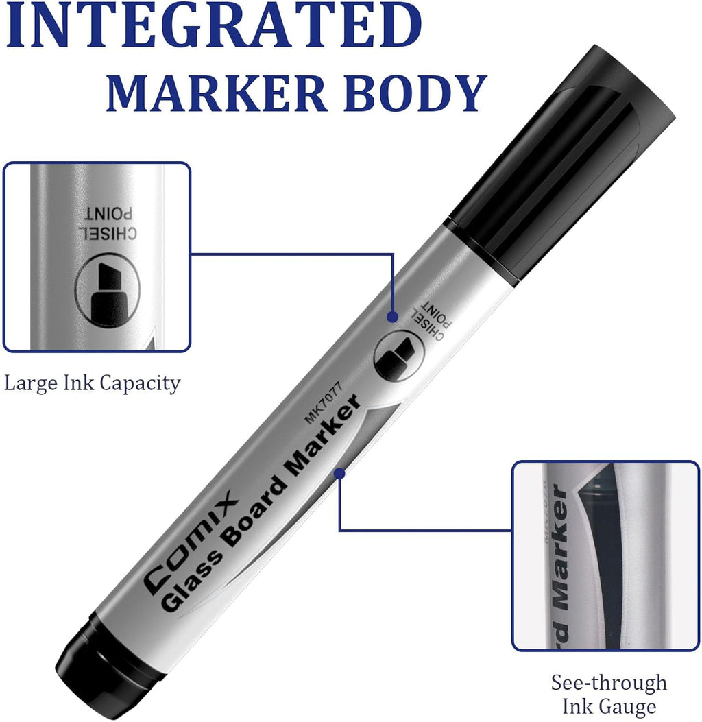 Comix Glass Board Dry Erase Markers, Low Odor Whiteboard Markers, Chisel Tip, 4 Assorted Colors, 12 Pack