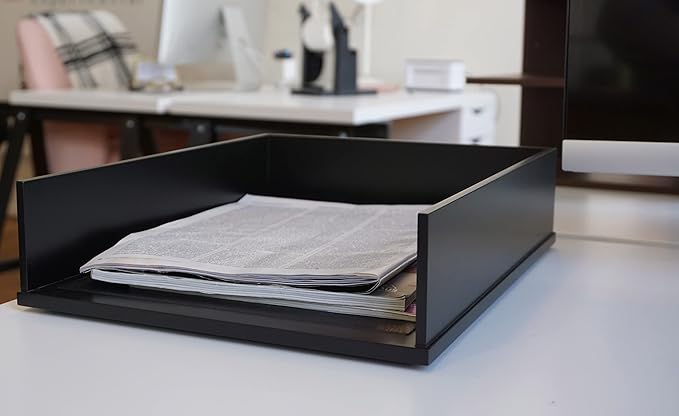 Victor 1142-5 Midnight Black Collection Front Load Letter Tray, Matte Black Paint with Faux Leather Tray Pad for a Professional Look