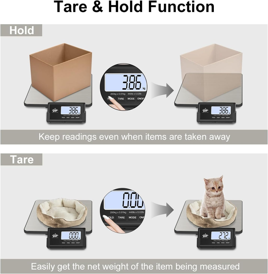 QP Shipping Scale, 440 lb/0.35 oz High Accuracy Digital Postal Scale, Postage Scale, Wireless LCD Display, Hold/Tare Function, Lightweight Scale for Packages/Luggage/Pet, Battery & AC Adapter Included