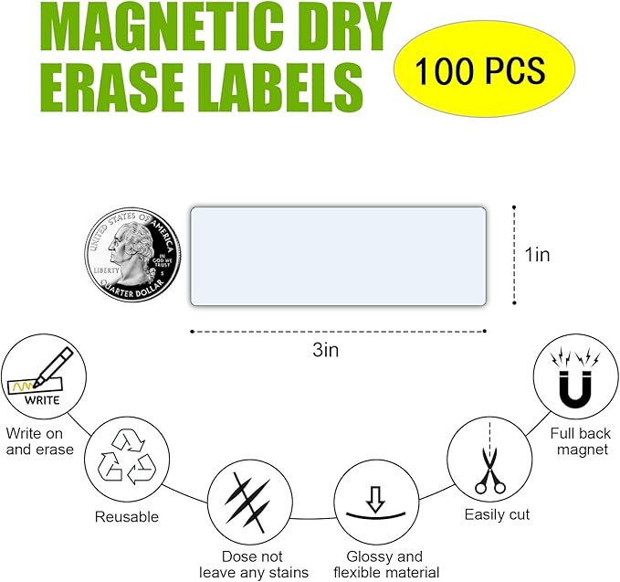 Dry Erase Magnetic Name Tags,Magnets for Classroom(1x3,Pack of 100),Write On Labels,Waterproof/Reusable for Office&File Cabinet&Whiteboard&Fridge(White)