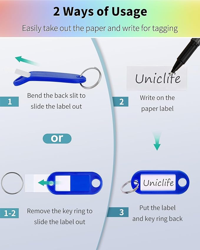 Uniclife 2 Inch Tough Plastic Key Tags in 10 Assorted Colors Item Identifiers Markers with Blank Paper Labels Protective Plastic Films and Split Rings, 10 Pack