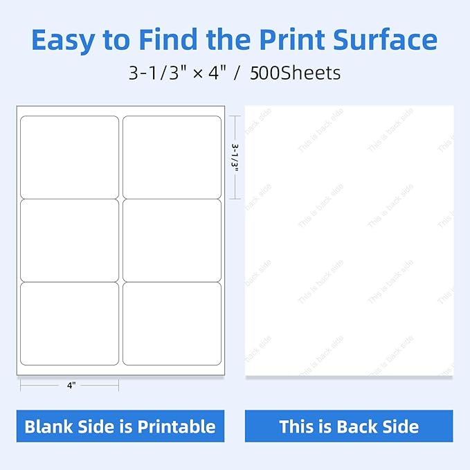 6 Per Sheet Label Address Labels 3-1/3" x 4" Self Adhesive Sheets Shipping Labels Easy Peel & Feed White Stickers for Laser & Inkjet Printers (500 Sheets, 3000 Labels)
