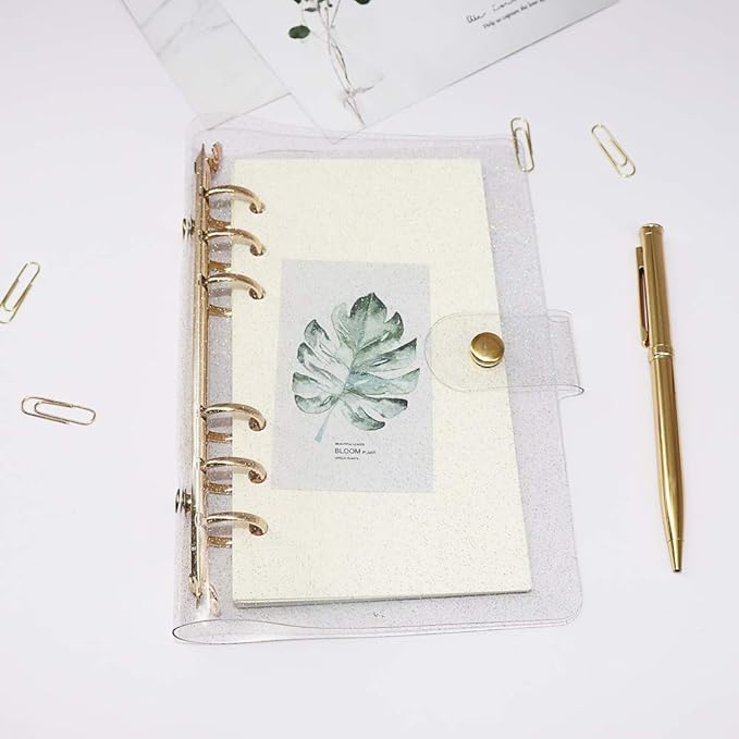 Glitter Powder PVC Binder Cover 6 Round Ring Binders Snap Button Closure Loose Leaf Folders Refillable Soft PVC Notebook Shell Protector (Gold 6 Rings, A6 Binder)