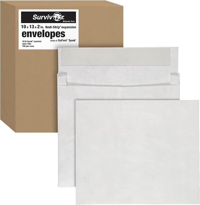 Quality Park Survivor 10 x13 Inch Catalog Envelopes made w/ 14 lb DuPont Tyvek, Expands 2", Peel and Seal Self Seal Closure, White, 100/Box (QUAR4430)