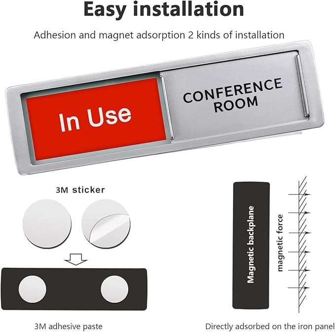 Conference Room In Use/Available Sign, Vacant Occupied Door Sign for Home Office Restroom,Non-Scratch Magnetic Privacy Slider Door Signs Tells Whether Room Vacant or Occupied, Silver, 7'' x 2''