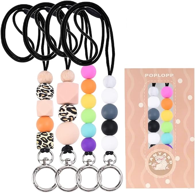 POPLOPP 4PCS Teacher Lanyards for ID Badges and Keys, Cute Silicone Beaded Lanyard for Women Nurse Employees Students