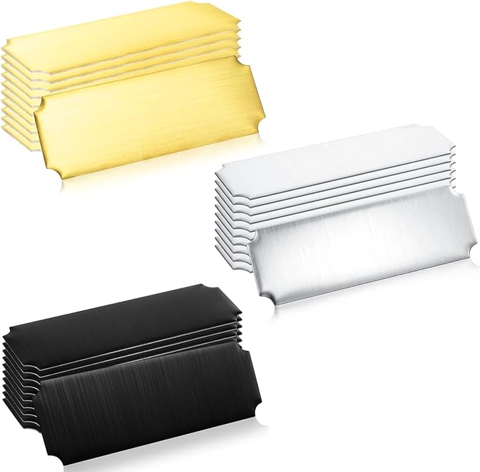 Therwen 30 Pcs Name Plates Laser Engraved Brushed Stainless Steel Plate Personalized Plaque Blank Custom Name Tag Frame Label with Adhesive Backing(Gold, Silver and Black Notched Corner,1''x 3'')