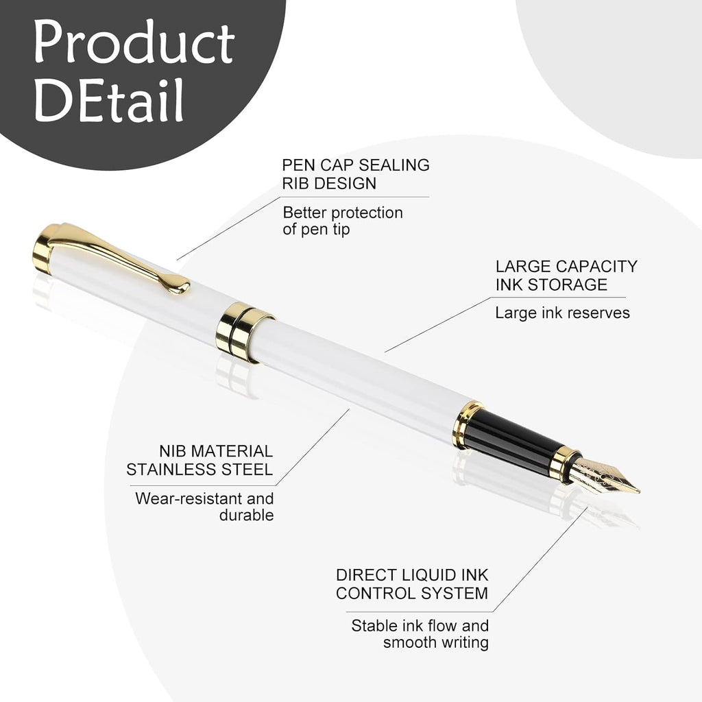 Tiankool Luxury Fountain Pen,Fine Nib, Exquisite Pen Gift Set for Men&Women-Includes 10 Ink Cartridges&Ink Converter- Nice Pens - White