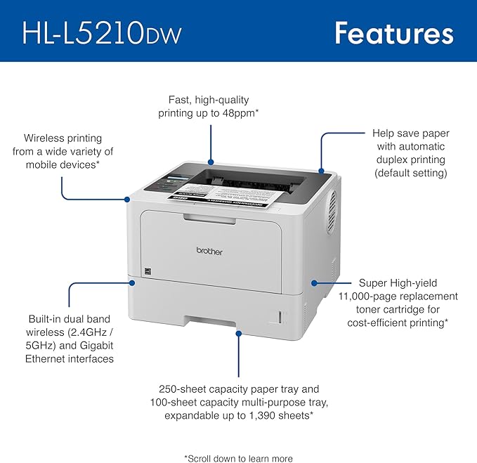 Brother HL-L5210DW Business Monochrome Laser Printer with Duplex Printing, Versatile Paper Handling, Wireless and Gigabit Ethernet Networking, and Mobile Printing (Renewed Premium)