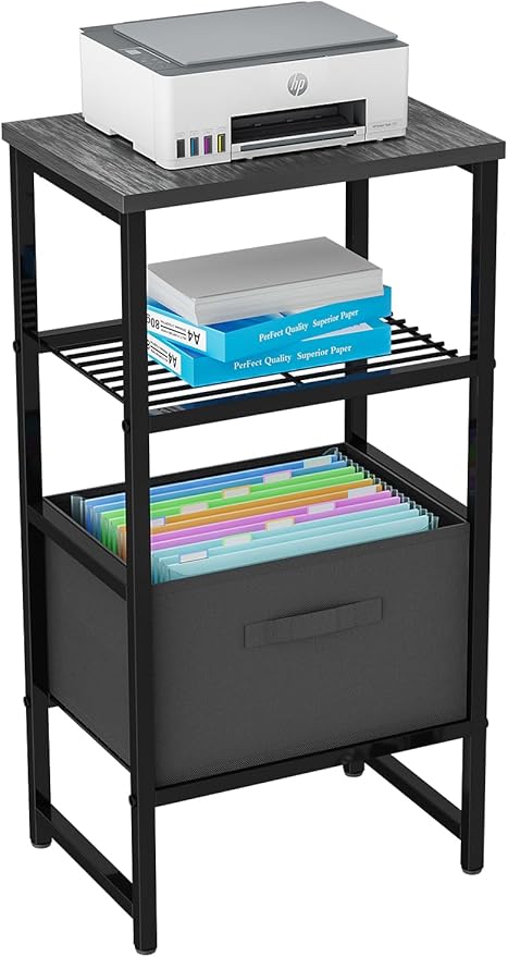 Printer Stand with Drawer Storage, 3 Tier - Heavy Duty Metal Shelving Unit with Wood Desktop, Industrial Printer Side Table with Wheels for Scanner Fax Machine, Black