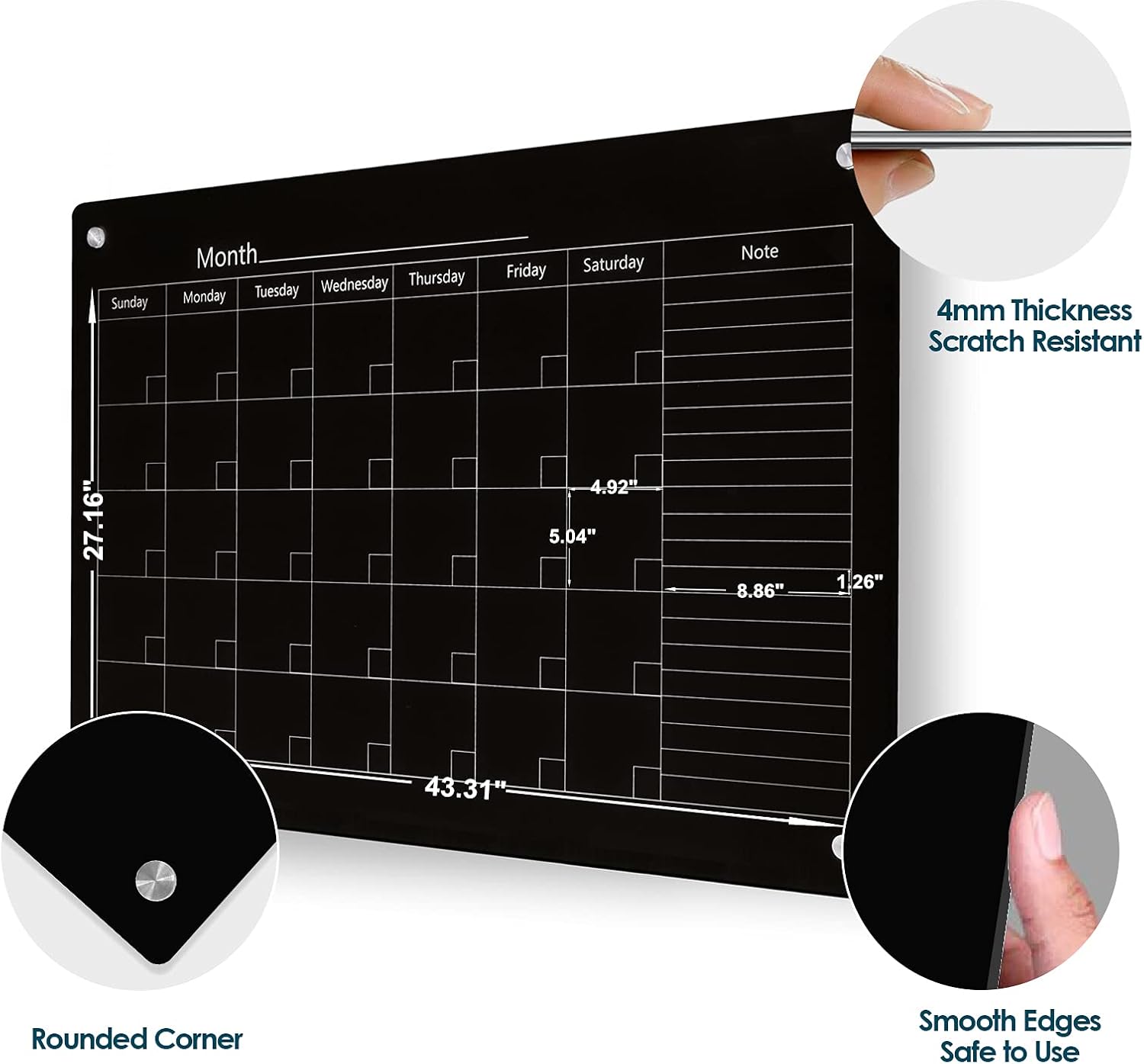 J&J worldwide Magnetic Whiteboard Calendar, 47 x 35 Black Glass Wall Calendar Dry Erase Board Monthly Planner for Home, School, Office, Frameless, with Markers, Marker Tray, Eraser, Magnets