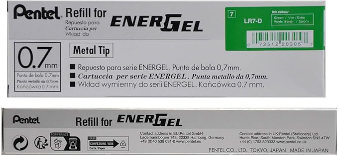 Pentel Refill Ink for BL57/BL77 EnerGel Liquid Gel Pen, 0.7mm, Metal Tip, Green Ink, Box of 12 (LR7-D-12)