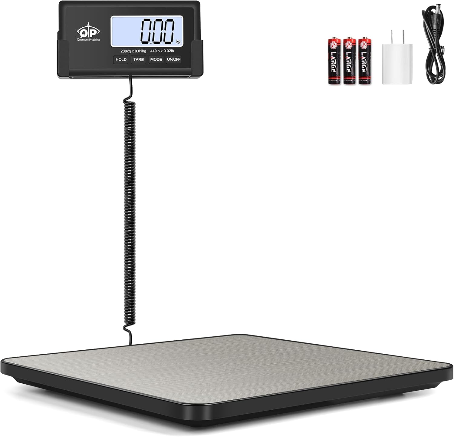 QP Shipping Scale, 440 lb/0.35 oz High Accuracy Digital Postal Scale, Postage Scale, Hold/Tare Function, Auto Off LCD Display, Lightweight Scale for Packages/Luggage/Pet, Battery & AC Adapter Included