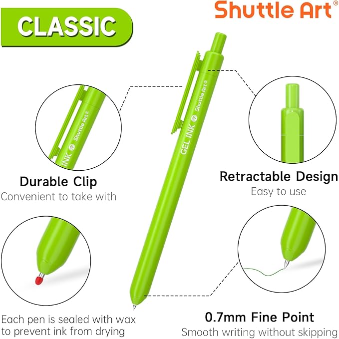 Shuttle Art Colored Retractable Gel Pens, 24 Bright Ink Colors, Cute Pens 0.7mm Fine Point Quick Drying for Writing Drawing Journaling Note Taking School Office Home