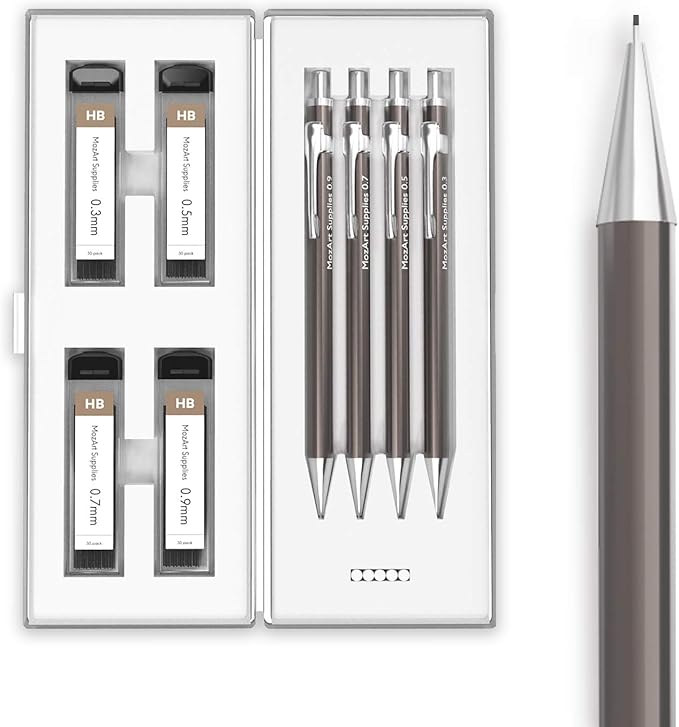 MozArt Mechanical Pencil Set with Case - 4 Sizes: 0.3, 0.5, 0.7 & 0.9mm with 30 HB Lead Refills Each & 4 Eraser Refills -Sketch, Drafting, Art, Drawing Supplies (Nickle)