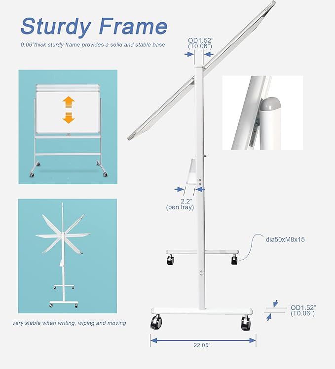 48" x 32" Adjustable Mobile Double-Sided Dry Erase Whiteboard Easel with Casters - Sturdy Reversible White Board for Offices, Schools, and Presentations