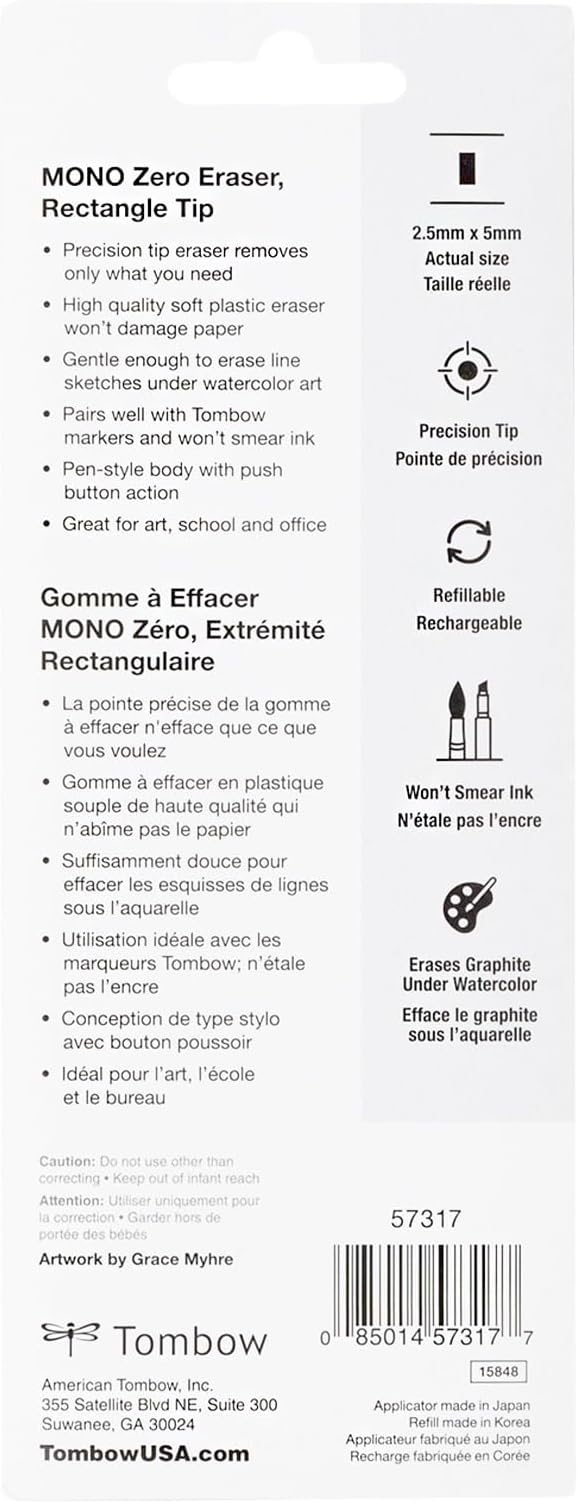 Tombow 57317 Mono Zero Eraser Value Pack, Rectangle 2.5mm. Precision Tip Pen-Style Eraser with Refill