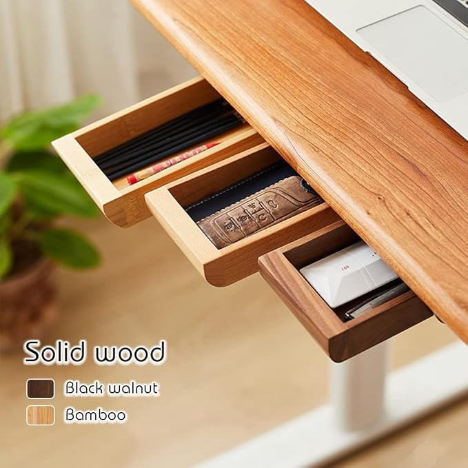Under Desk Drawer Wood, Self-Adhesive Hidden Drawer Organizer Slide Out, Easy Installation Handmade Under Table Storage, Attachable Pencil Phone Holder For Office Home (Bamboo Small)