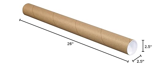 BOX USA BP2526K Mailing Tubes with Caps, 2-1/2" x 26", Kraft (Pack of 34)